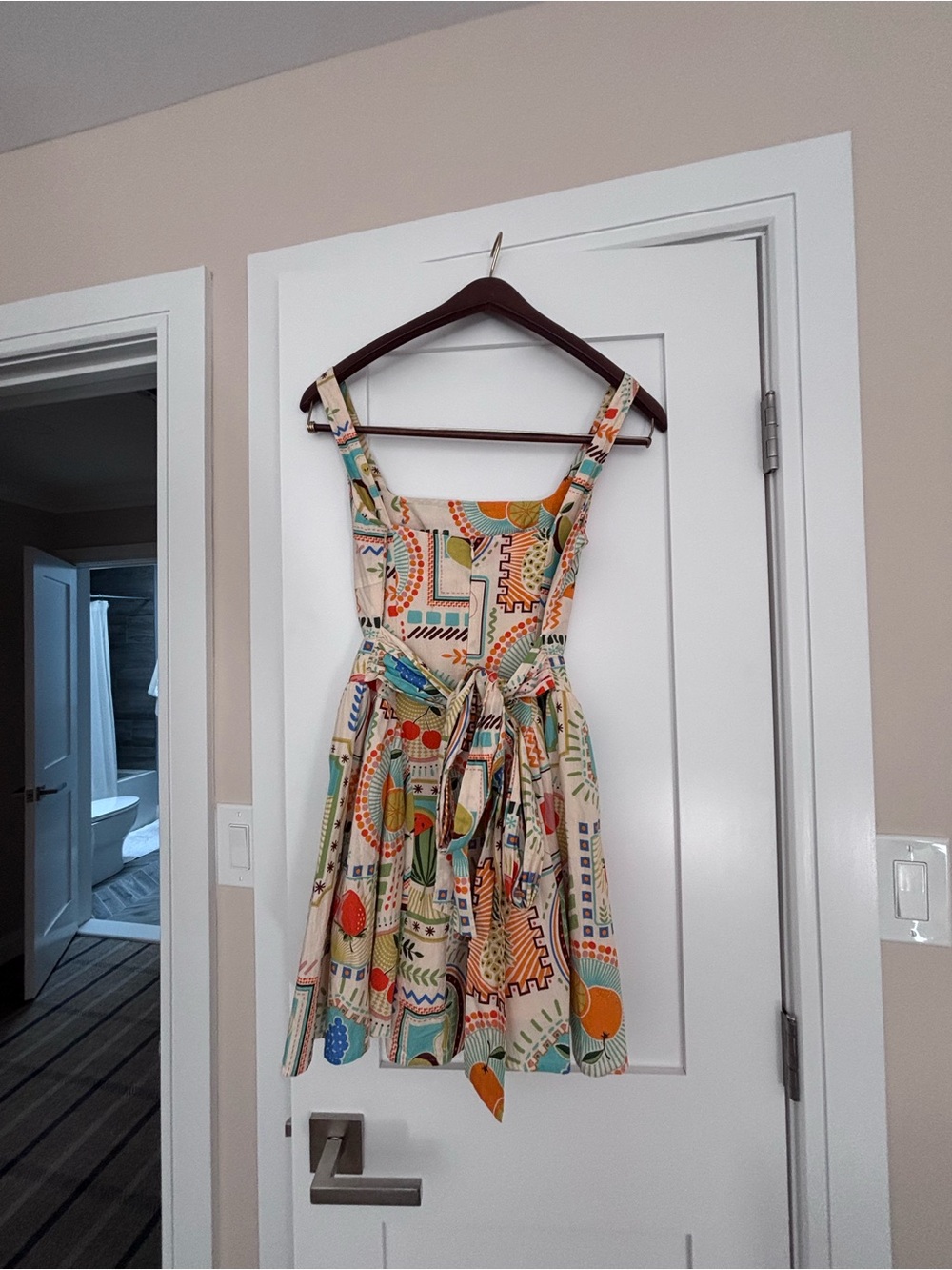 Cream Fruit Print Mini Dress with Square Neckline - Picture 5 of 7
